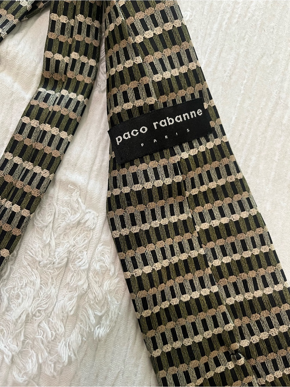 Paco Rabanne Olive Green, Black and Beige Geometric Tie - Picture 2 of 3